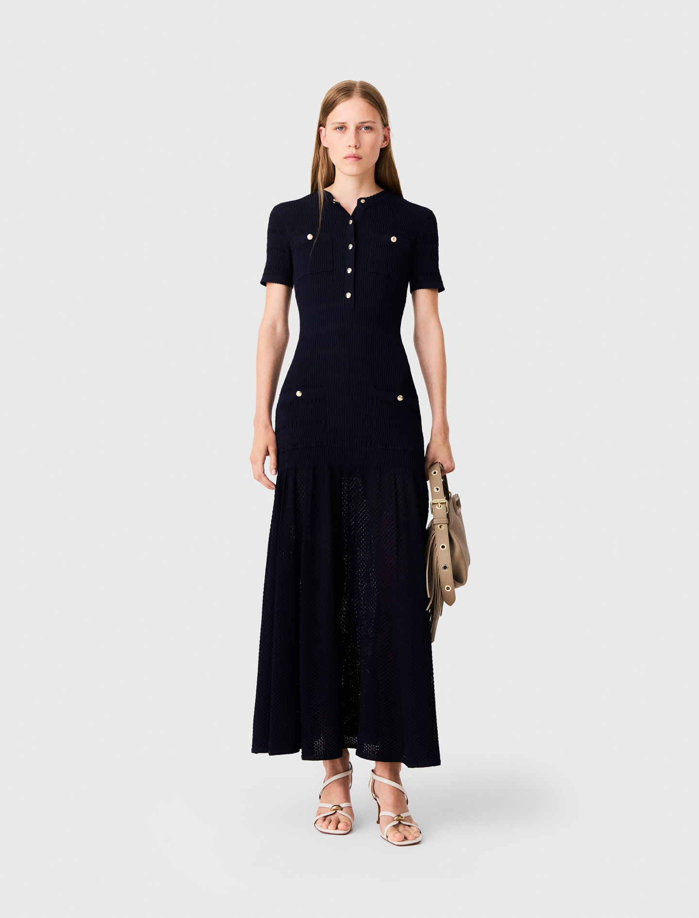 Vestido Largo De Punto Pointelle - Azul Marino - Talla 36 - Maje