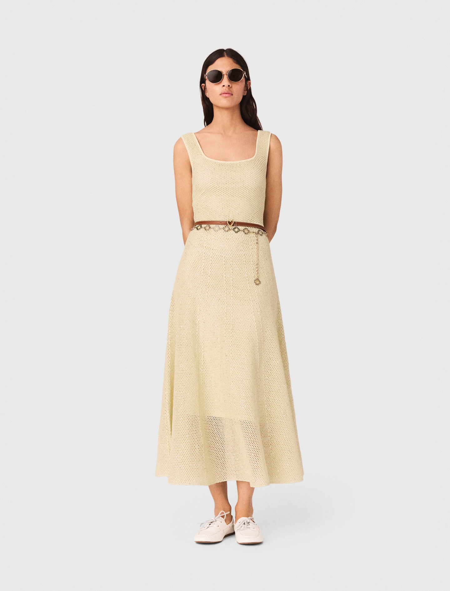 Vestido Largo De Punto Con Strass - Amarillo Pálido - Talla 40 - Maje