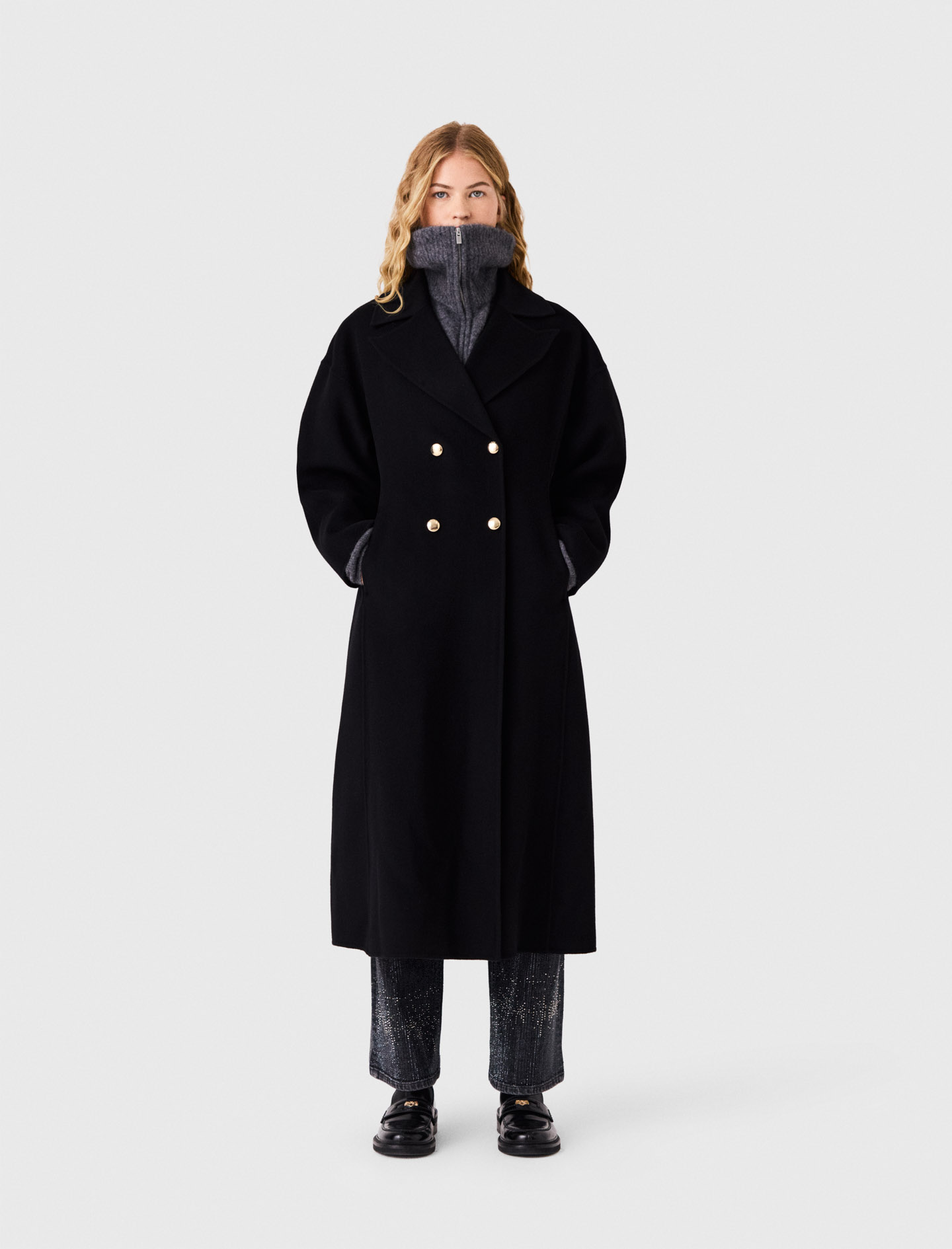 Abrigo Largo Cruzado De Lana - Negro - Talla 36 - Maje