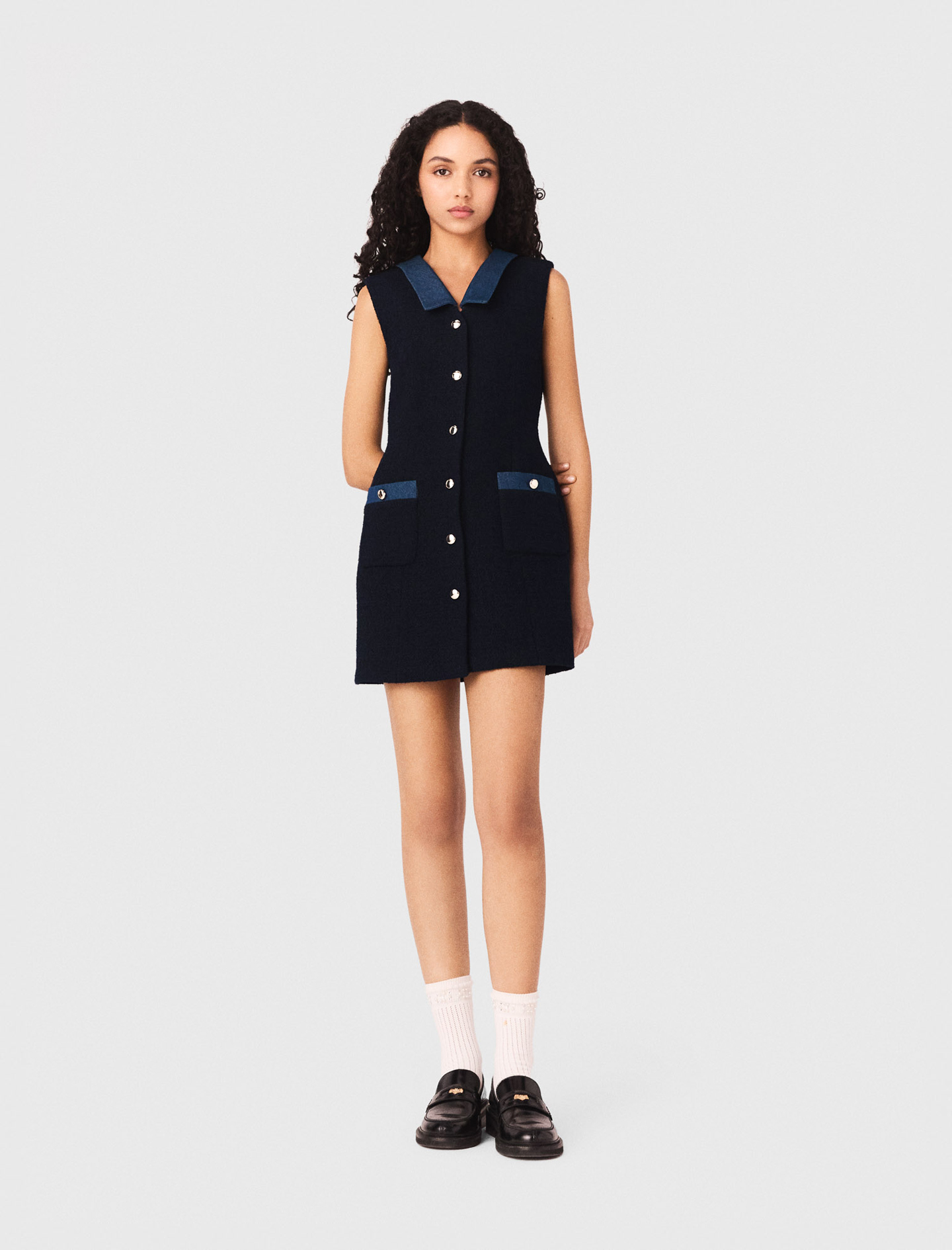 Vestido De Tweed Y Detalles Denim - Azul Marino - Talla 36 - Maje