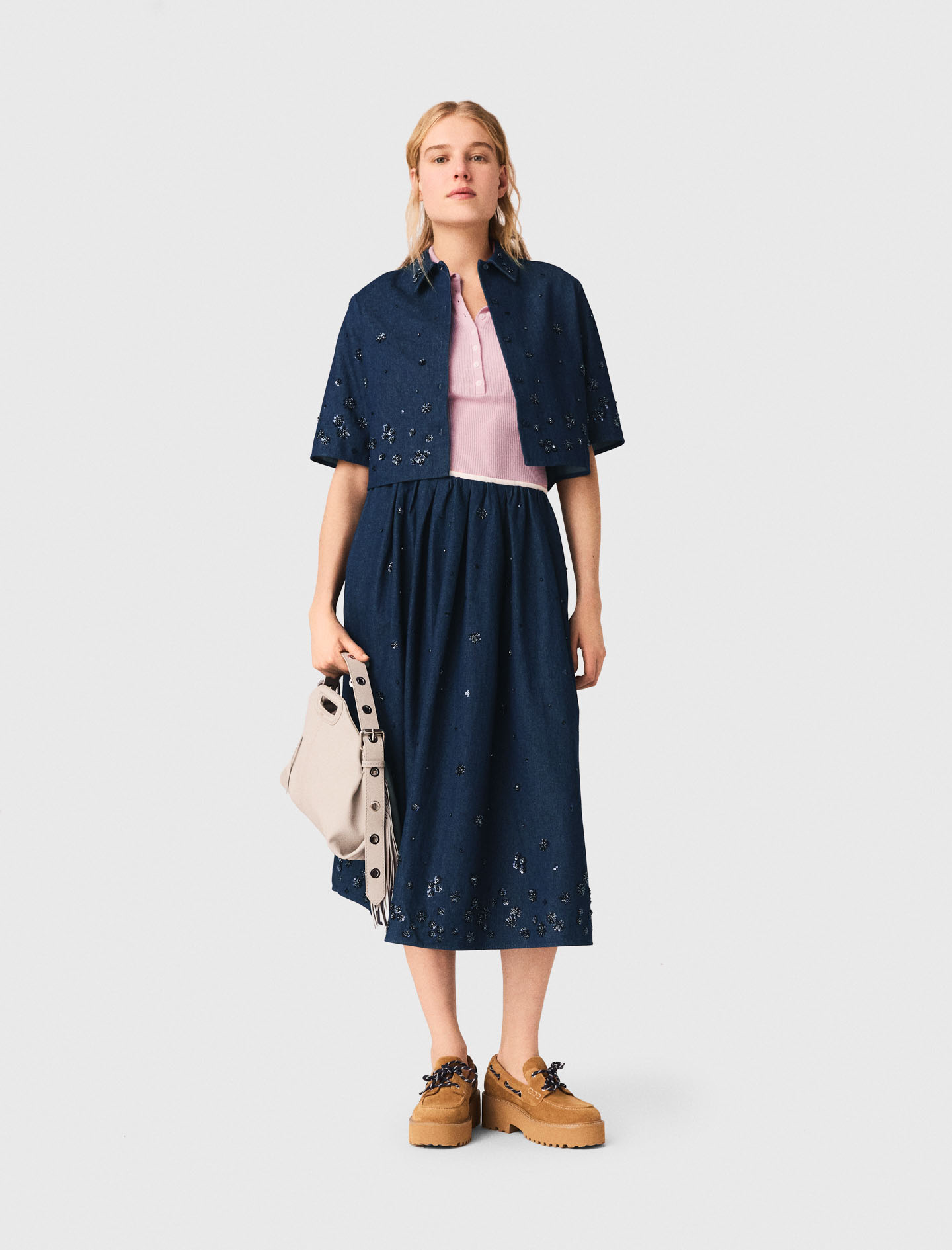 Camisa Corta Vaquera Bordada - Azul Marino - Talla 2 - Maje