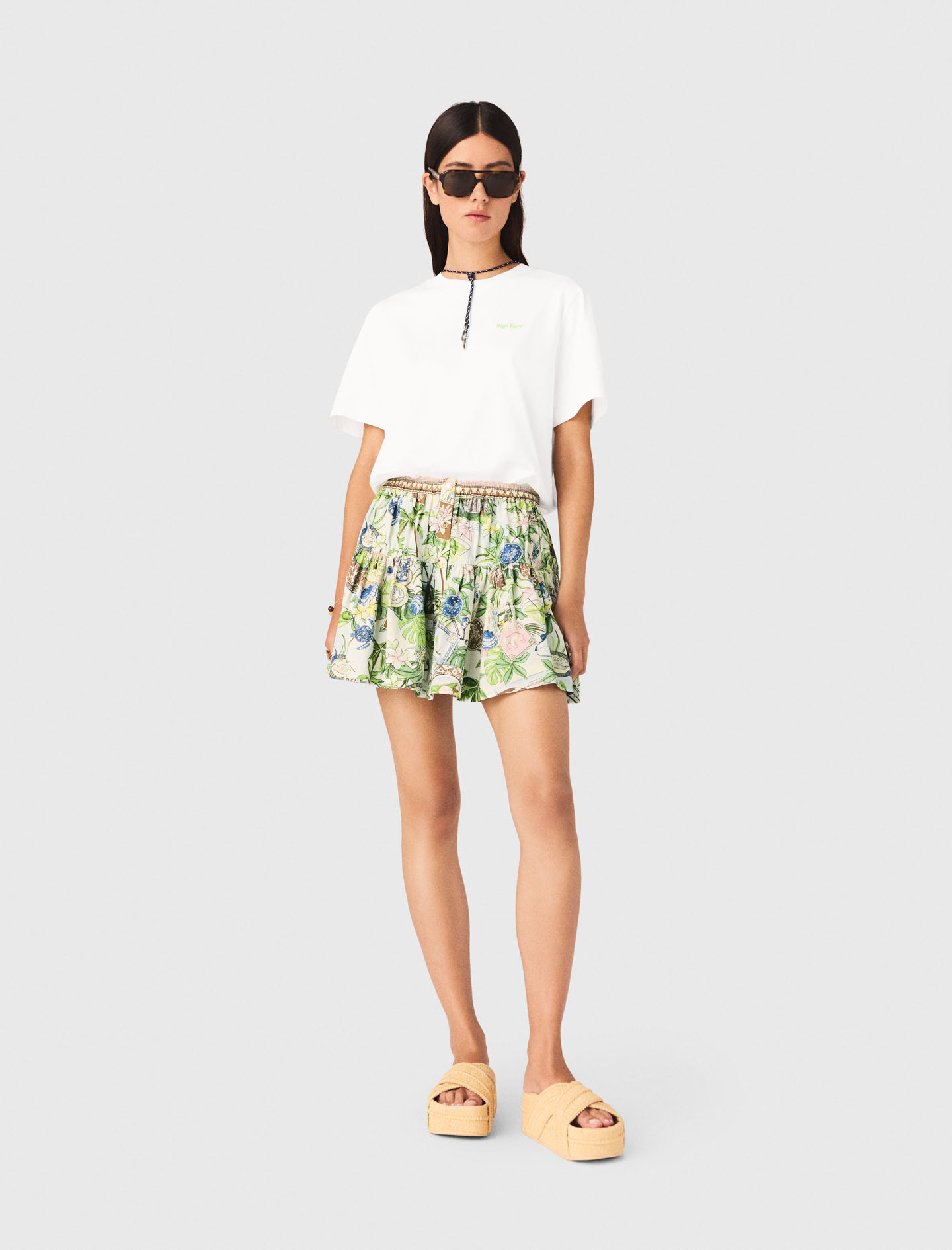 Falda Con Volantes Estampada - Carte Postale Print - Talla 38 - Maje
