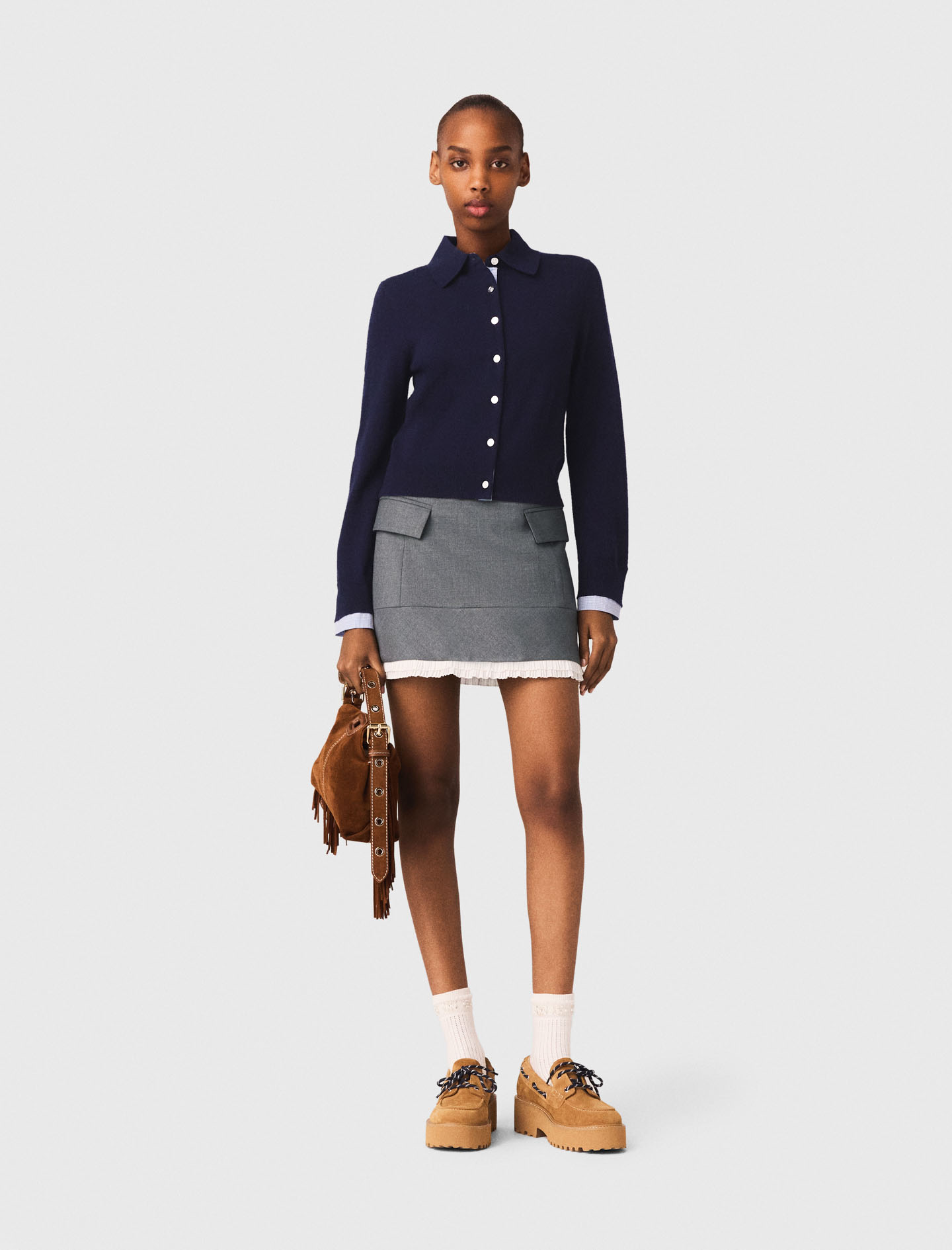 Falda Trapecio Y Banda De Popelina - Gris - Talla 40 - Maje