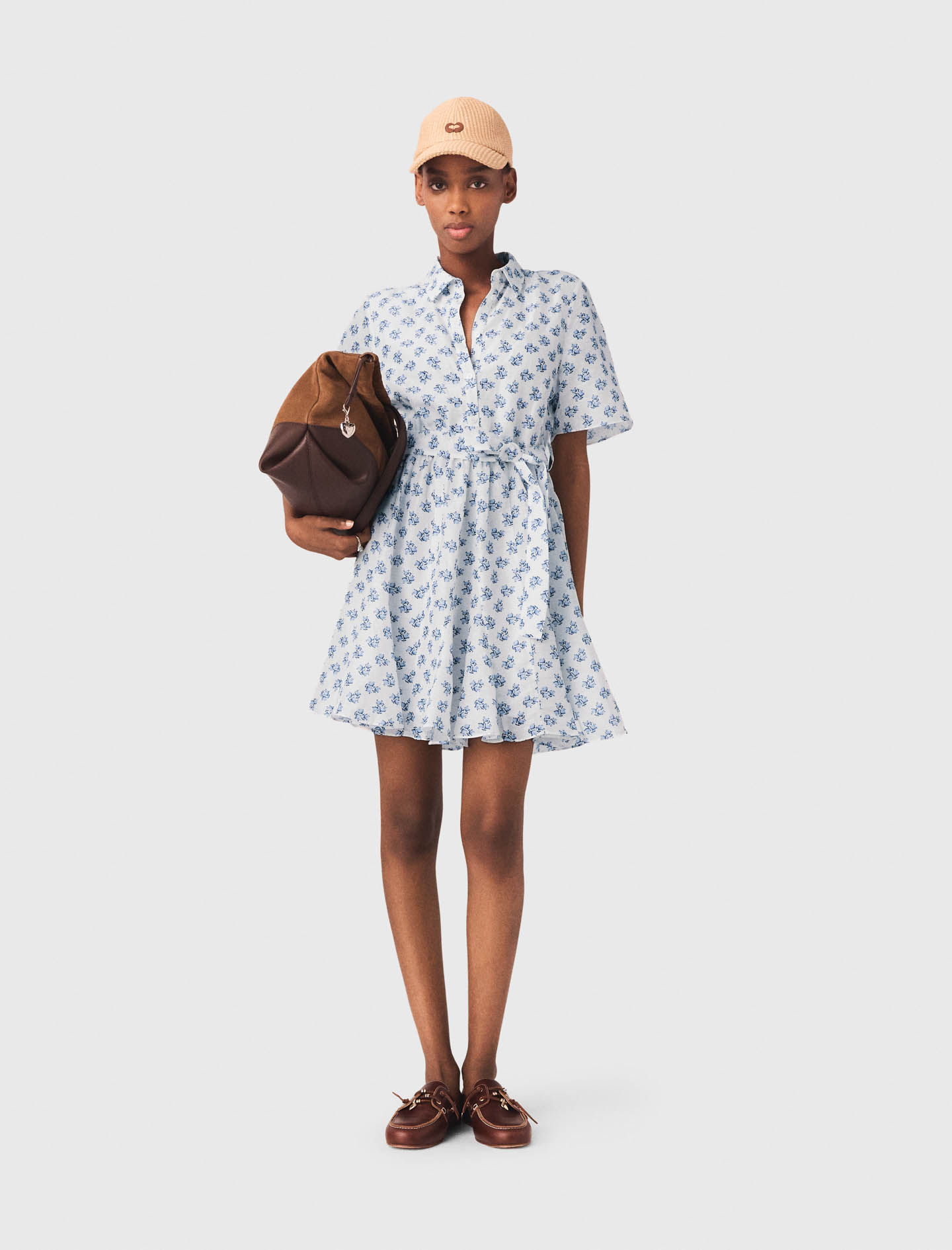 Vestido Corto Estampado De Lino - Azul Marino Denim - Talla 40 - Maje