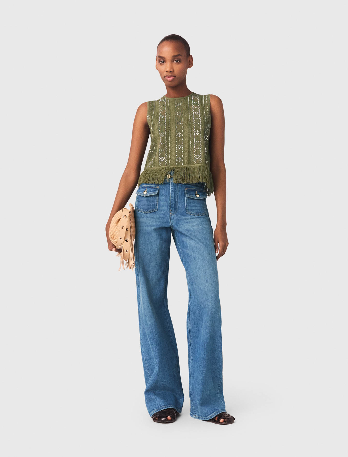 Top Con Flores De Strass Y Flecos - Caqui - Talla 1 - Maje