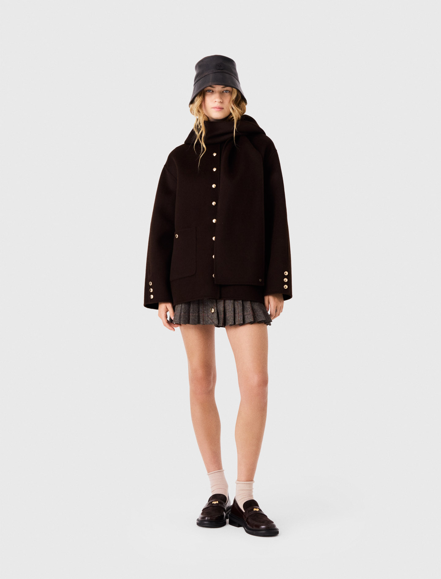 Abrigo De Lana Con Bufanda - Marrón Oscuro - Talla 40 - Maje