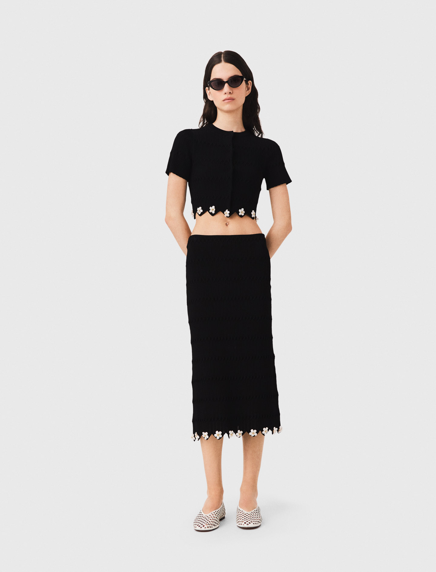 Falda De Punto Con Flores Joya - Negro - Talla 40 - Maje