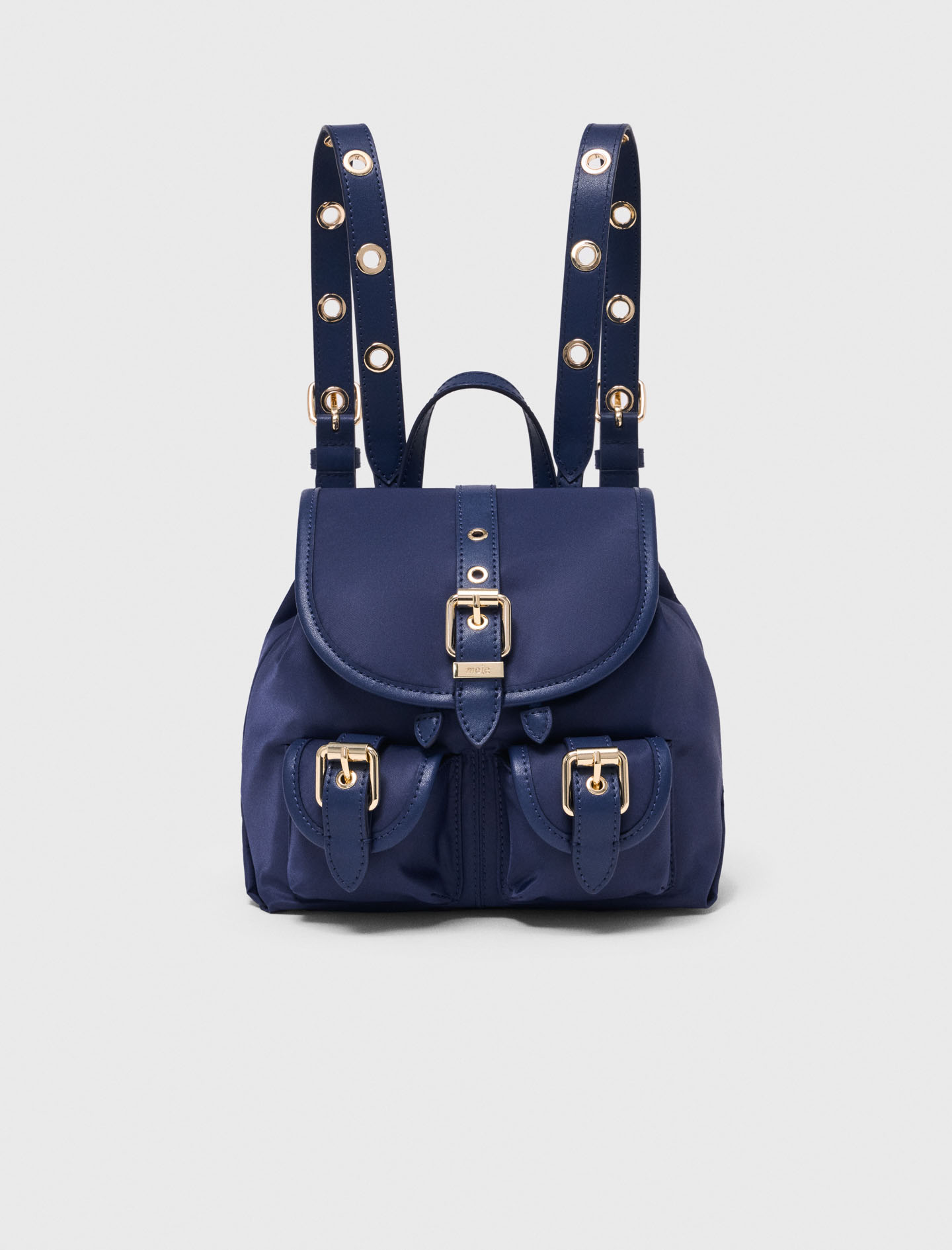 Mini Mochila De Cuero Y Nylon - Bleu Marine - Maje