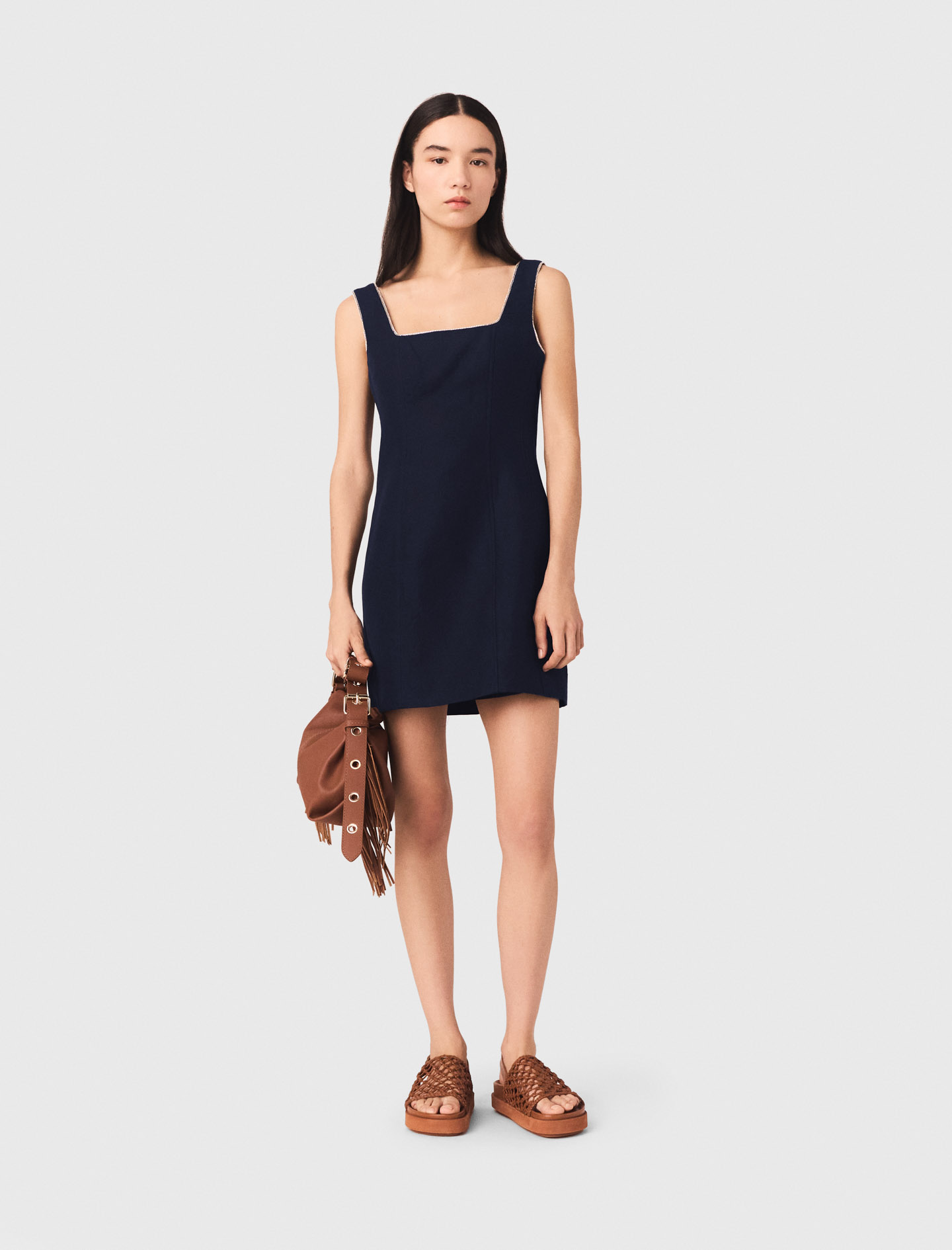 Vestido Corto De Lino Mezclado - Azul Marino - Talla 40 - Maje