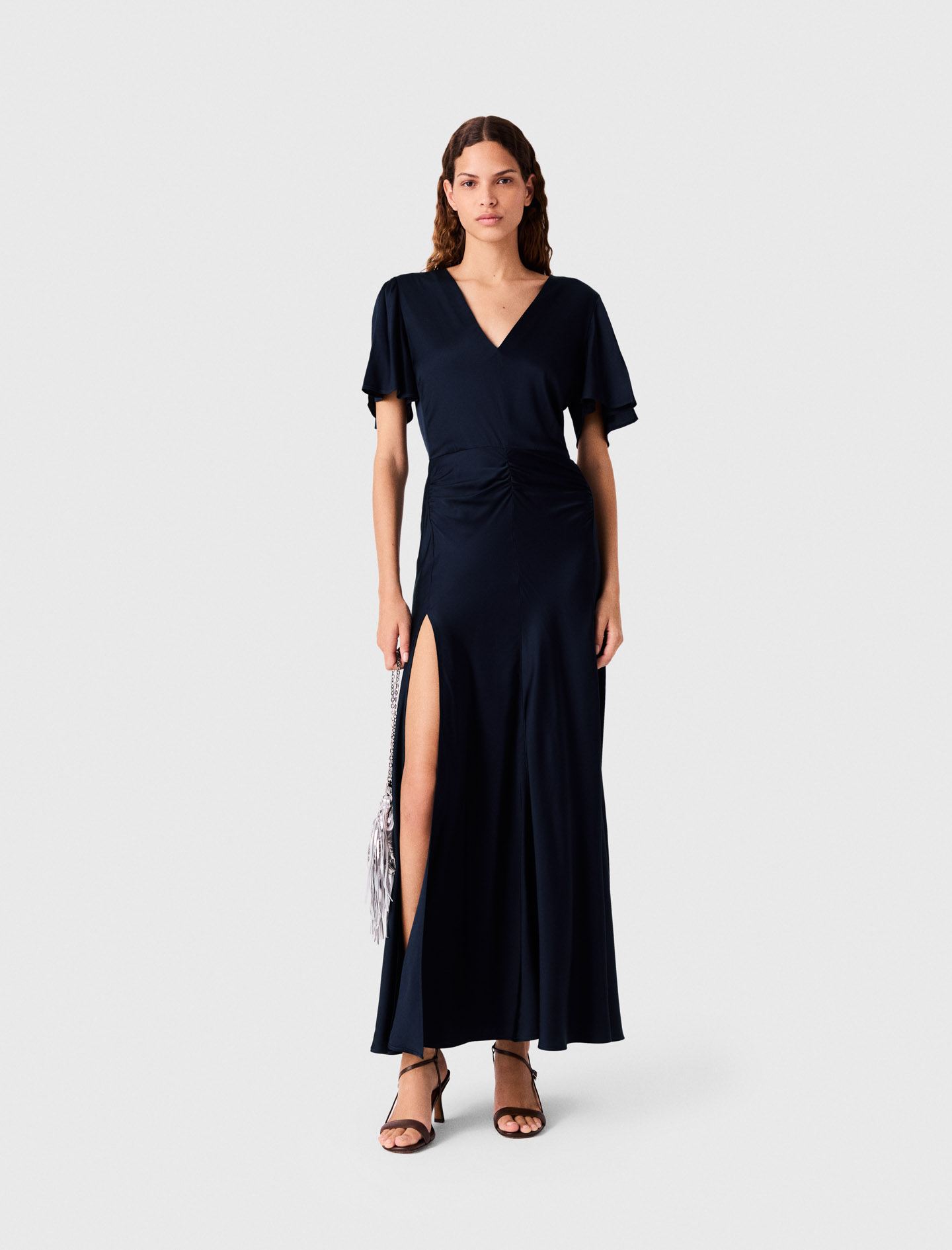 Vestido Largo Drapeado De Satén - Azul Marino - Talla 40 - Maje