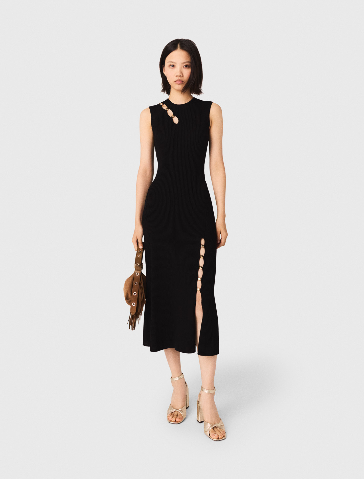 Vestido Largo Acanalado Con Cortes - Negro - Talla 42 - Maje