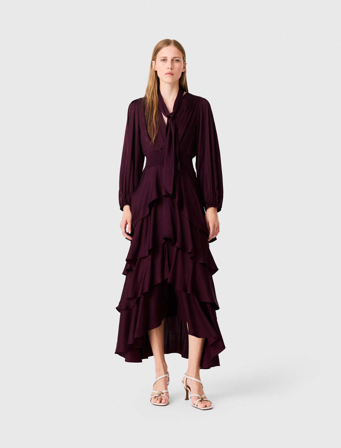 Vestido Largo Con Volantes - Burdeos - Talla 42 - Maje