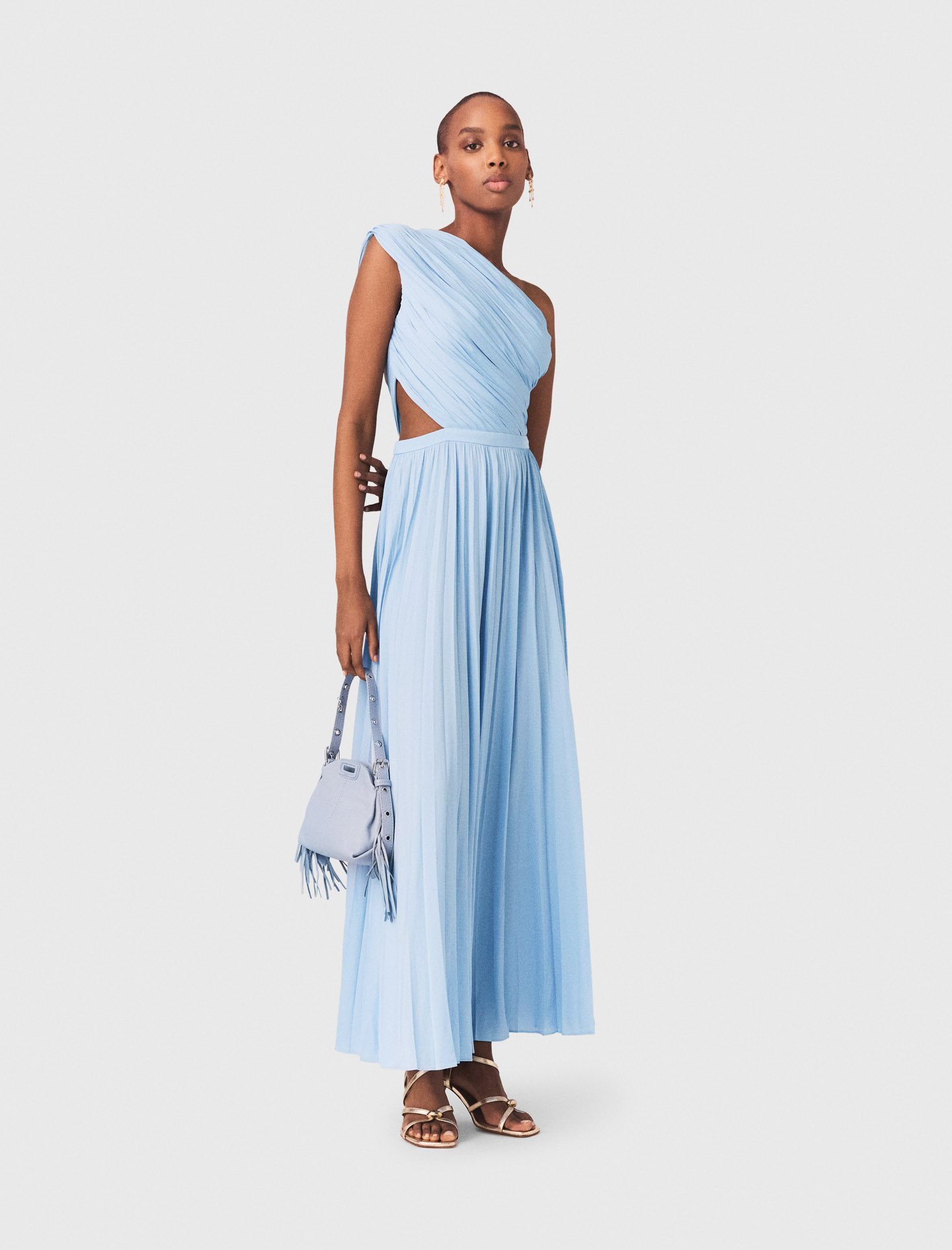 Vestido Largo Plisado Asimétrico - Celeste - Talla 38 - Maje