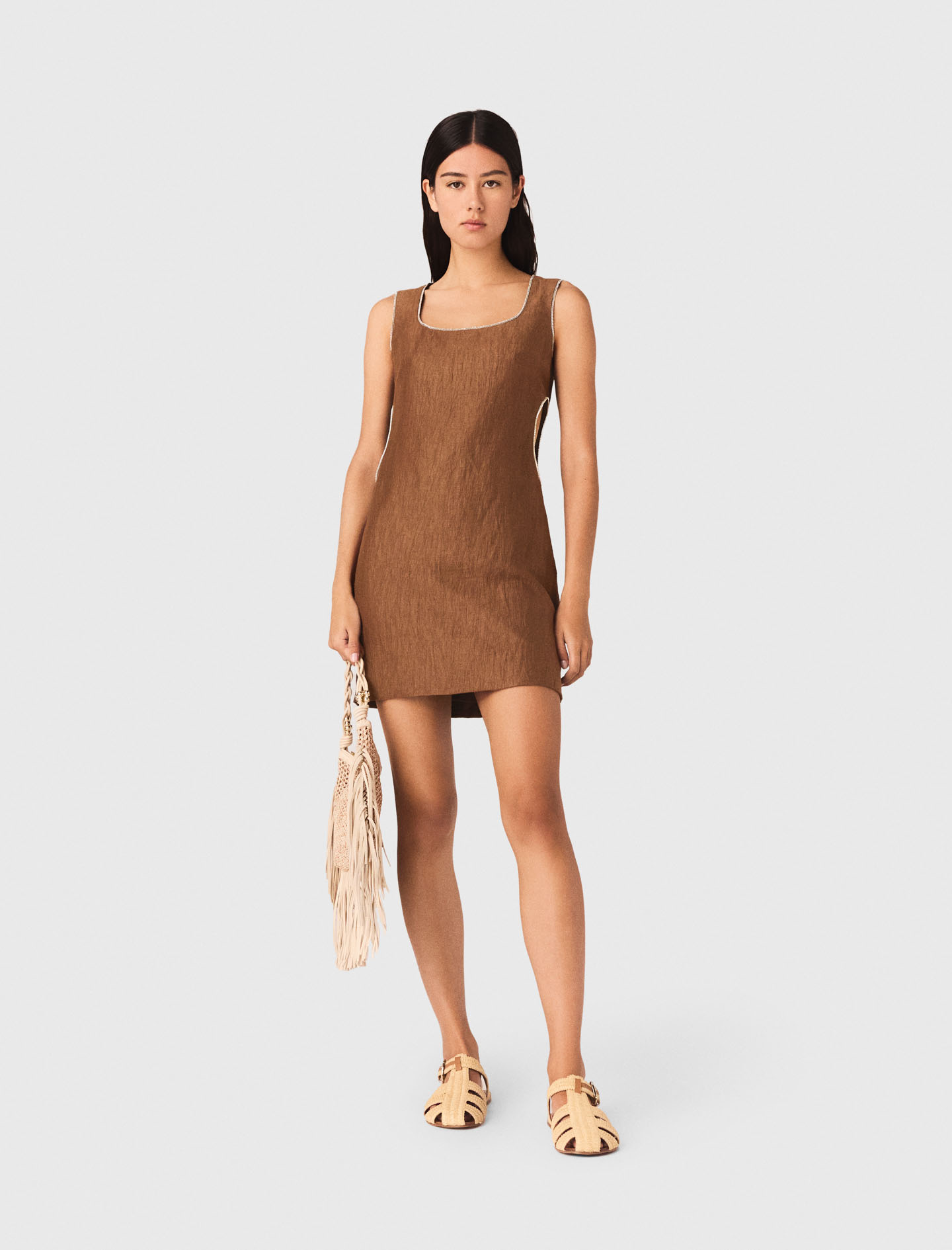 Vestido Corto De Mezcla De Lino - Marrón - Talla 40 - Maje
