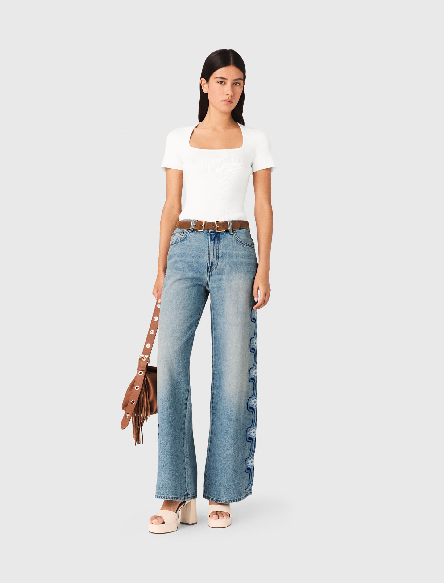 Vaquero Ancho Con Bordado Floral - Azul - Talla 34 - Maje