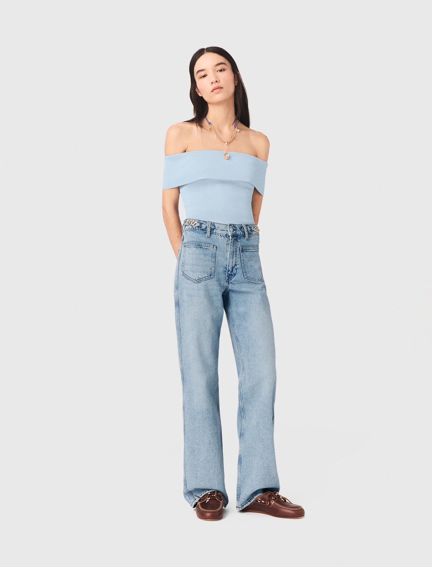 Top Bardot De Punto Acanalado - Celeste - Talla 0 - Maje