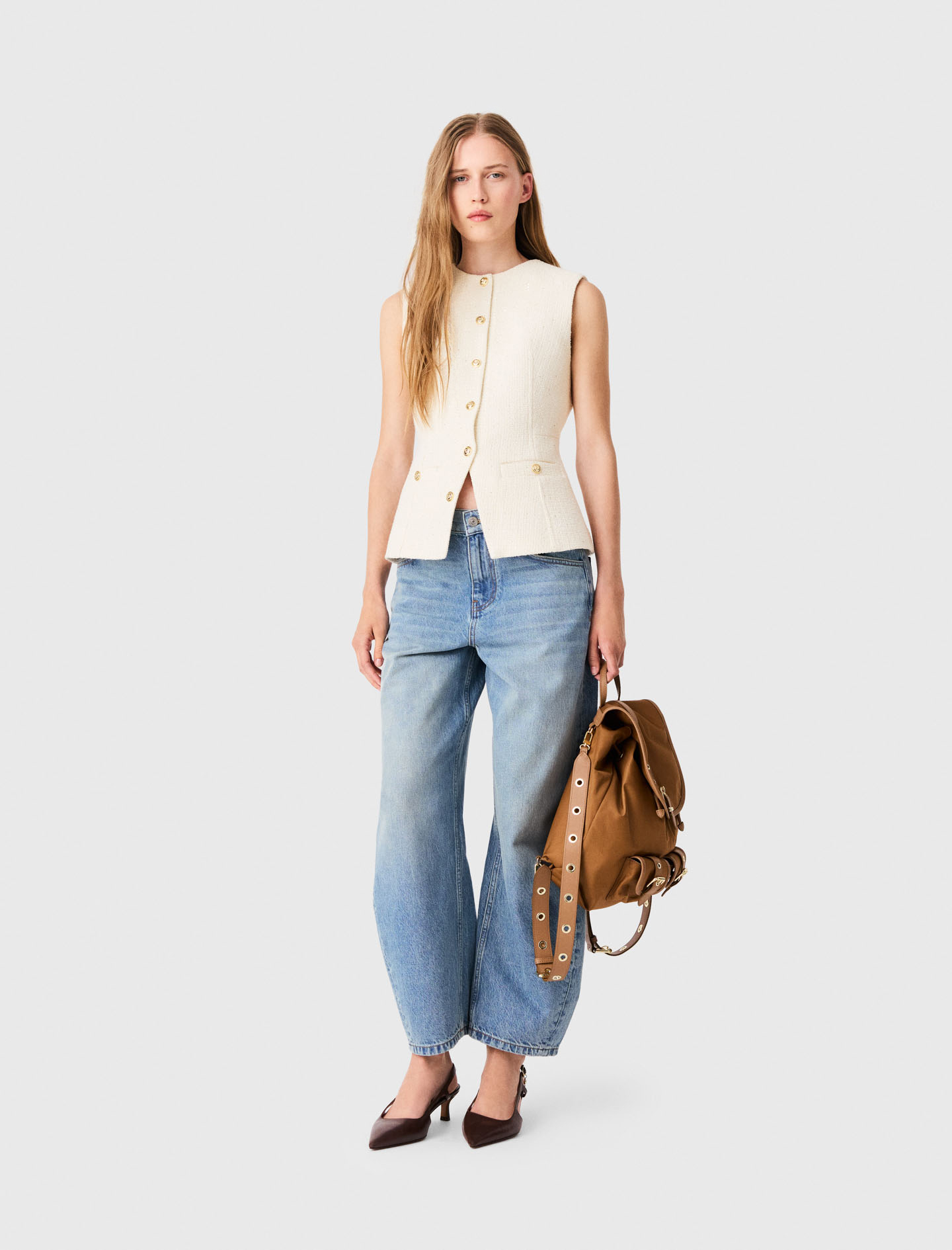 Chaleco Largo De Tweed - Crudo - Talla 38 - Maje