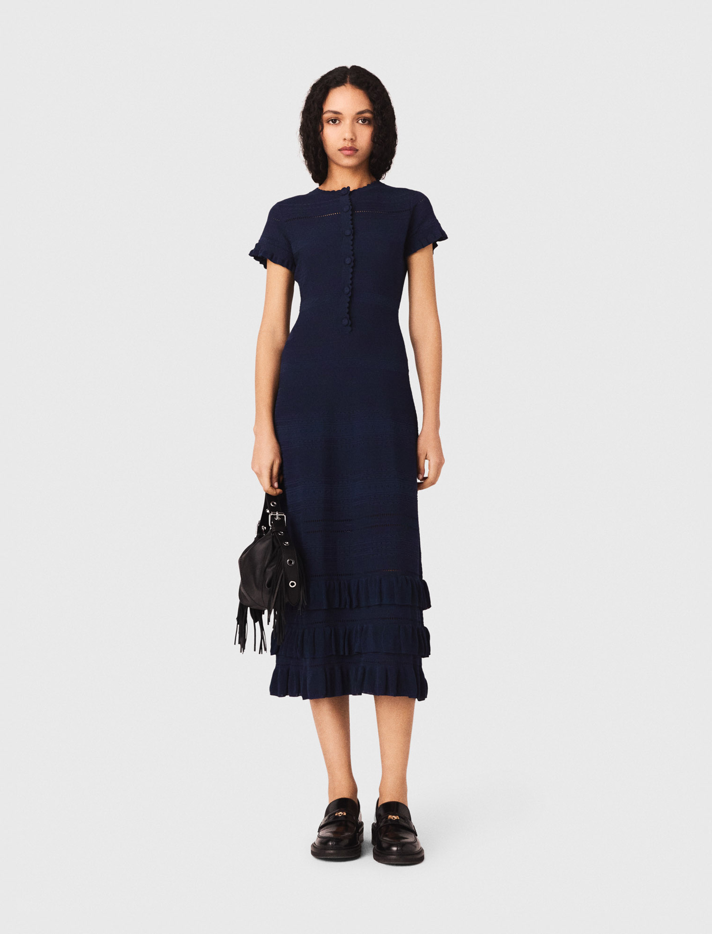 Vestido Largo De Punto Con Volantes - Azul Marino - Talla 34 - Maje