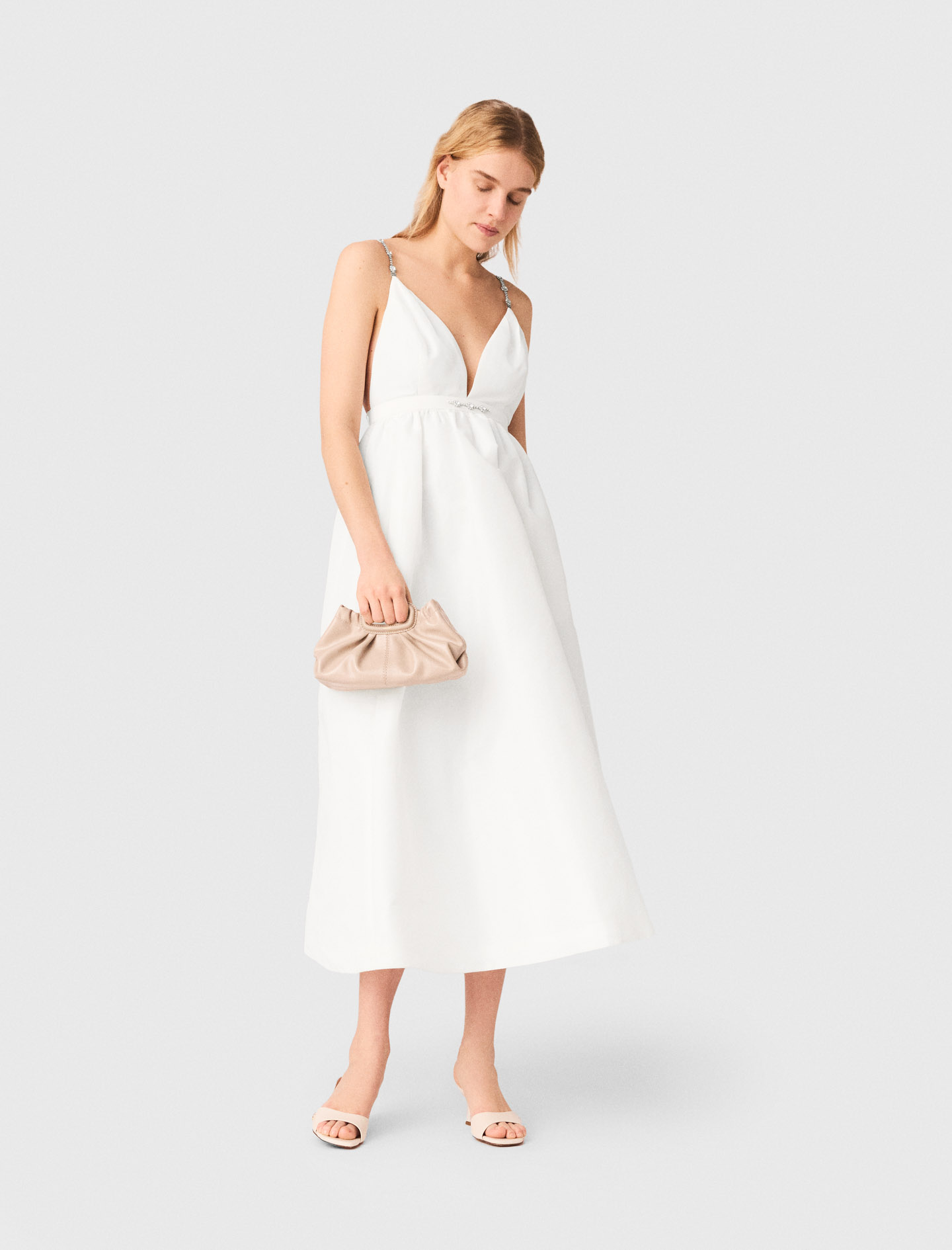 Vestido Largo De Tafetán Con Joyas - Blanco - Talla 38 - Maje