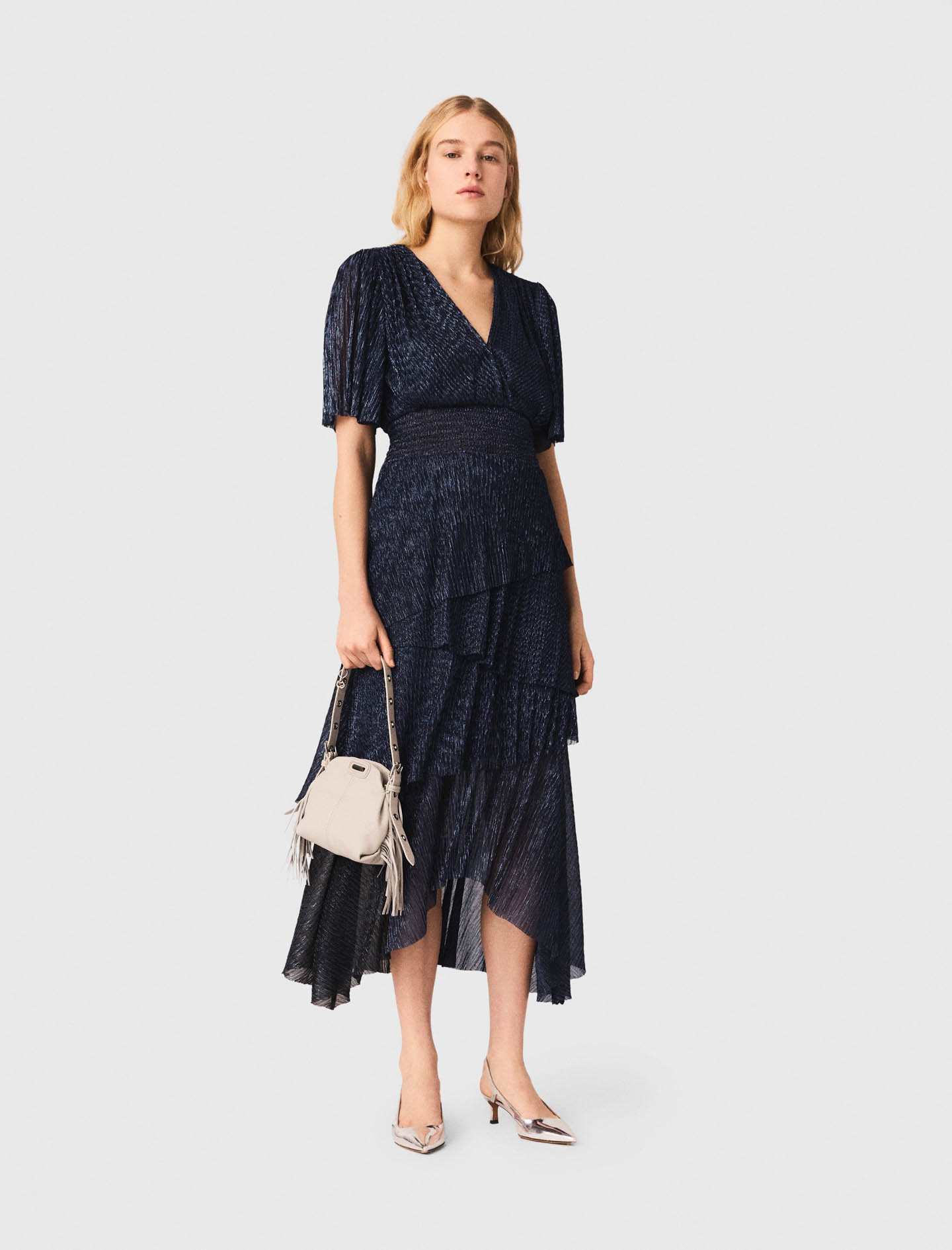 Vestido Midi Volantes Metalizado - Azul Marino - Talla 36 - Maje
